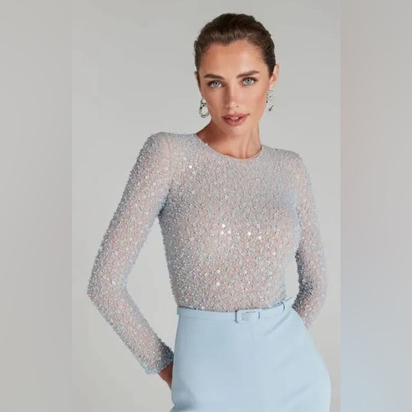 NADINE MERABI Sky Blue Embellished Jumpsuit - Picture 3 of 9